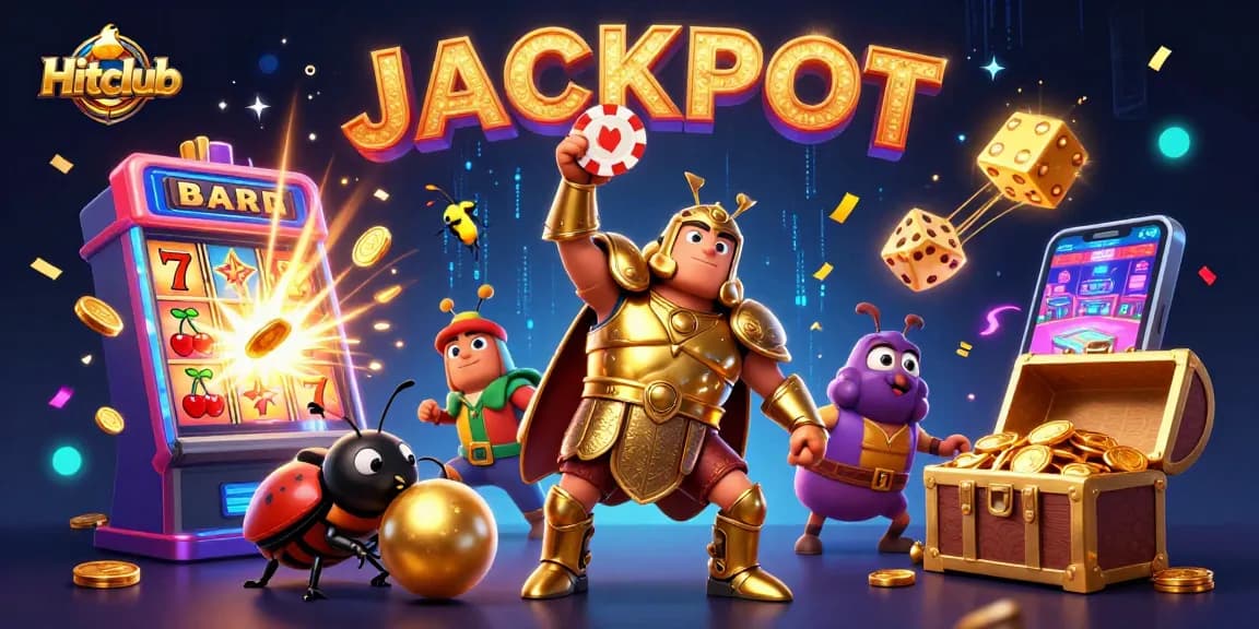Hitclub showcases a victorious beetle lifting a poker chip with a dynamic casino scene bursting with excitement.