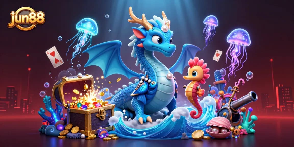 Experience the thrill of gaming at jun88 with vibrant dragon and seahorse characters amidst treasure