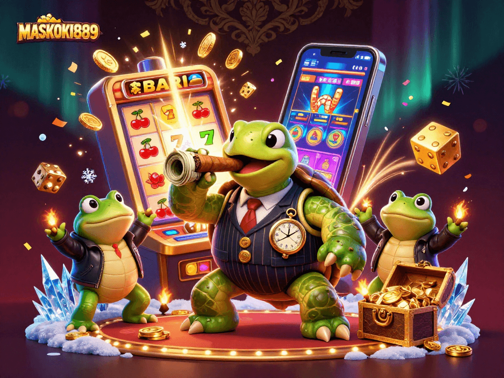Experience the thrill of MASKOKI889 with a dynamic casino scene featuring a snapping turtle mobster.
