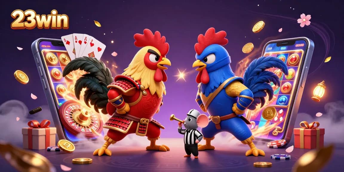 Compete for winnings at 23win with a dramatic standoff between cartoon roosters and exciting casino elements.