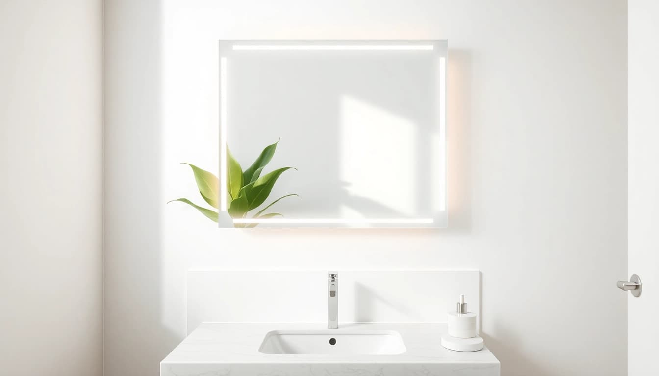 Elegant mirror and led lights reflecting in a modern bathroom setting.