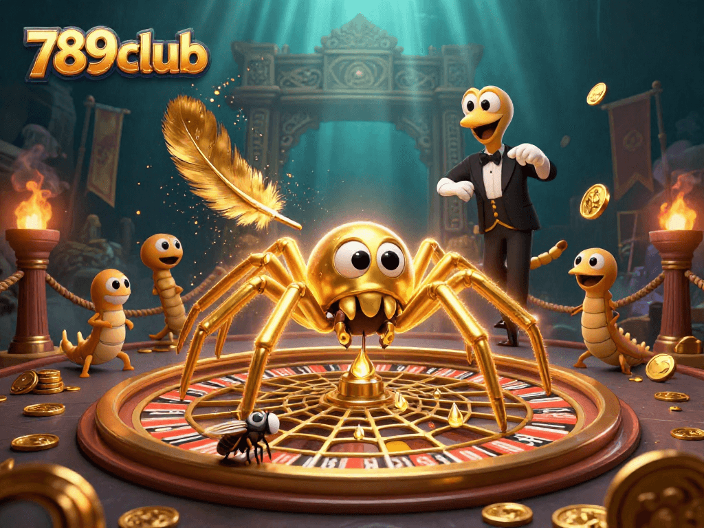 Feel the thrill of 789club as the golden spider spins a roulette wheel, betting coins scatter about.