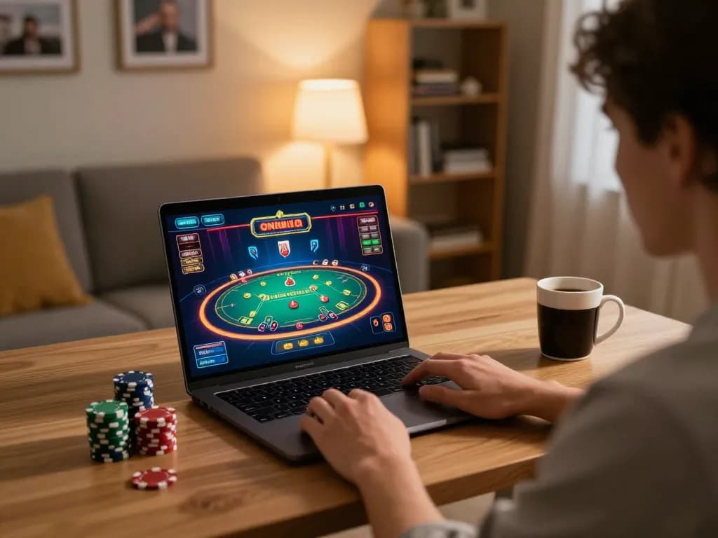 SOCOLIVE offers thrilling online gaming experience with cozy home setup using laptop and poker chips.