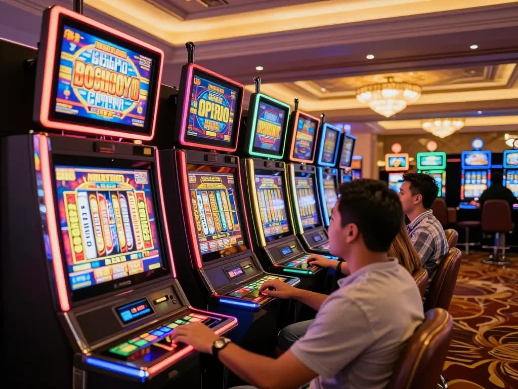 Pemandangan permainan mesin slot yang menarik di kasino yang ramai, pemain menikmati suasana yang vibrant.