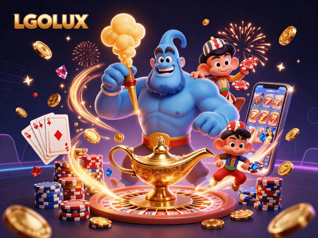 Win big with LGOLUX’s dazzling 3D casino illustration featuring a genie and a flying monkey.
