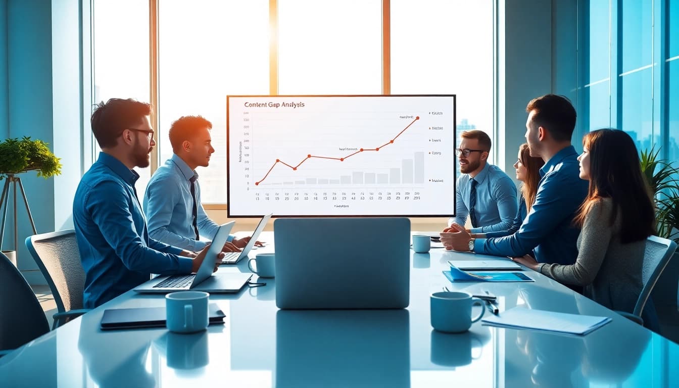 Analyzing data trends during a Content Gap Analysis session in a modern office setting.