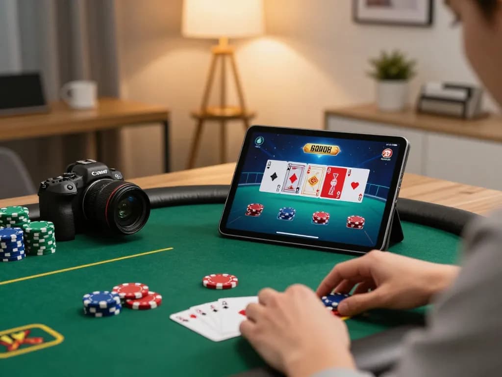 Engaging with online poker strategies on a tablet, showcasing 789 gaming excitement.