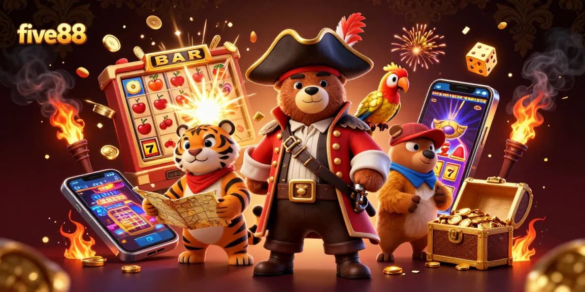 Win big with five88's vibrant casino scene featuring a pirate bear and tiger!