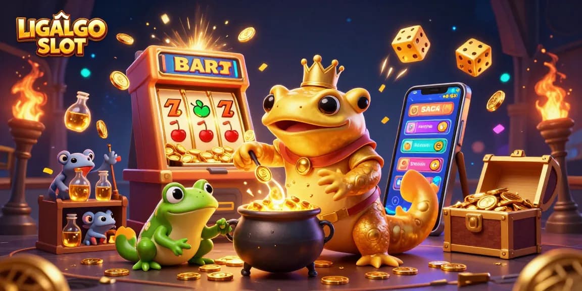 LIGALGO SLOT illustration featuring an alchemist, frog apprentice, and newt assistants in a dynamic casino scene.