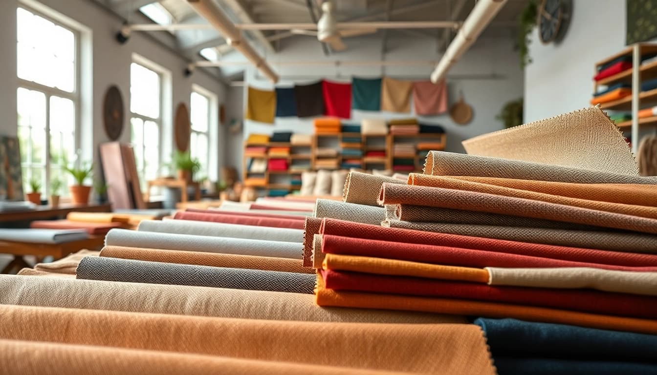 Bekijk goedkope canvas stoffen met diverse kleuren en texturen in een creatieve werkplaats.