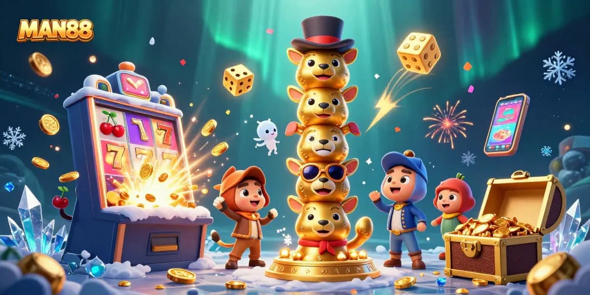 Engage with MAN88's exciting 3D illustrated casino theme, showcasing dynamic game elements and vibrant colors.