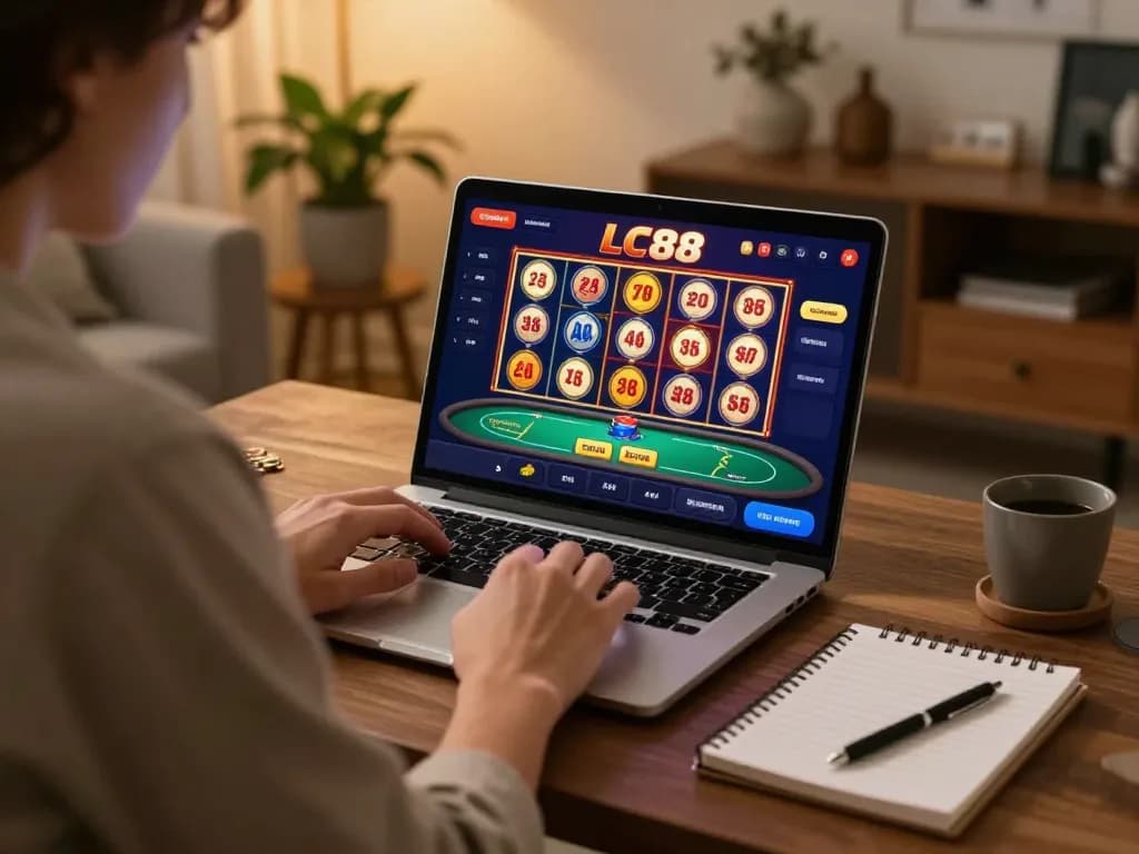 LC88 player strategizing with online casino app in a cozy setting
