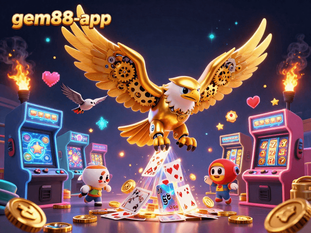 Experience thrilling gameplay with gem88-app, featuring a cybernetic eagle amidst vibrant casino elements.