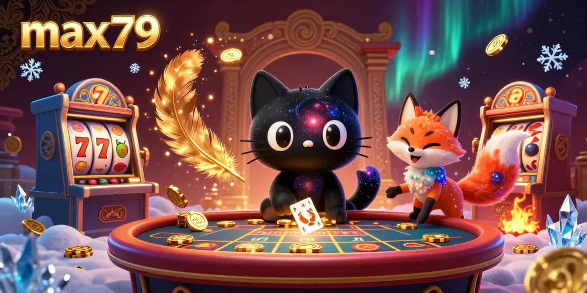 Engage with the max79 cosmic casino scene featuring a black hole cat and nebula fox amidst golden chips.