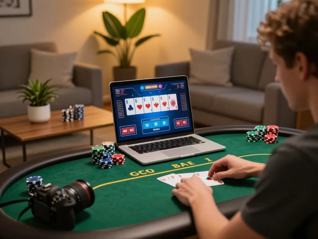 A player enjoys online poker through 789bet, showcasing dynamic gameplay in a cozy home environment.