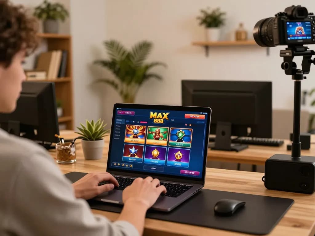 Engaged player exploring MAX 88 gaming options on a laptop in a cozy home office