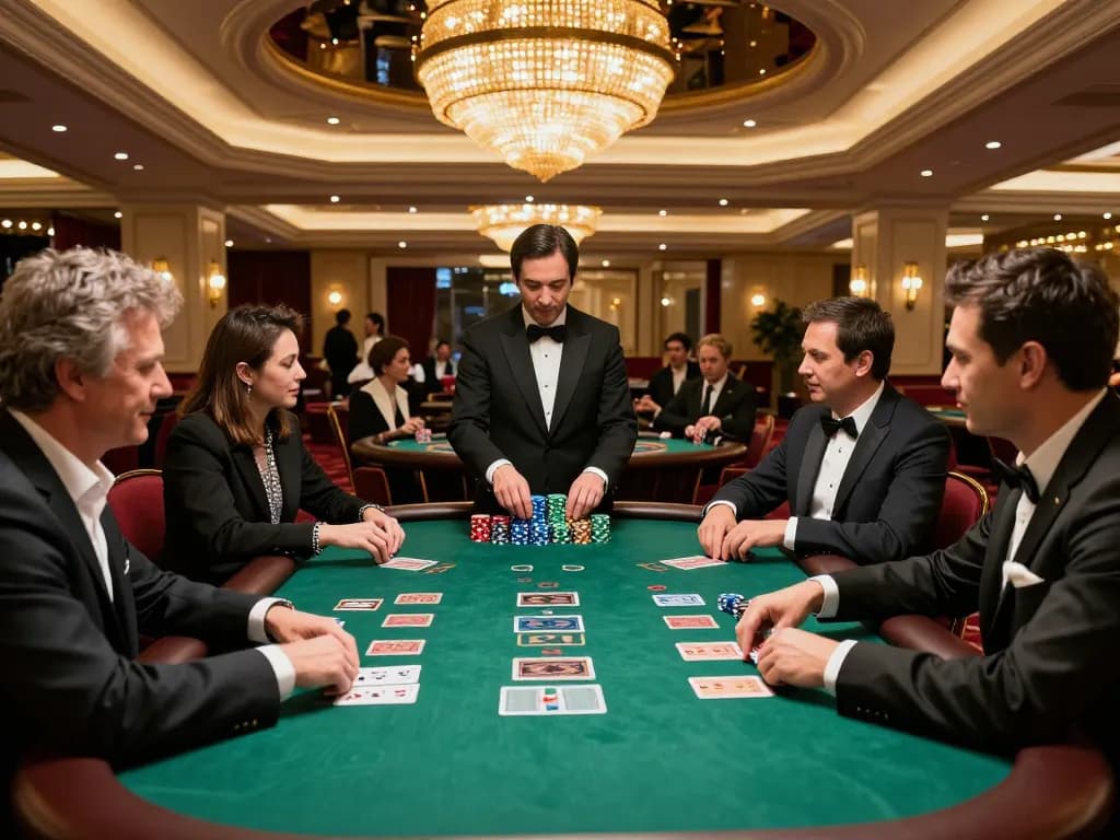 Engaging blackjack action at casino table featuring 5679 players in elegant attire.