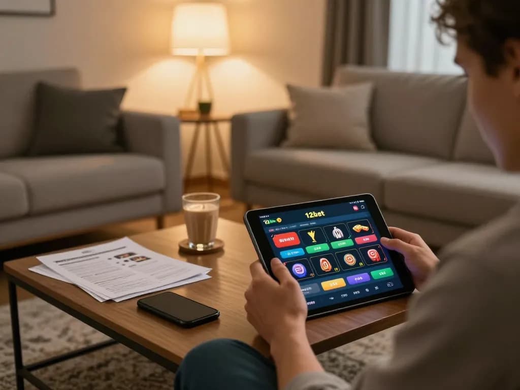 Người đam mê casino sử dụng ứng dụng 12bet trên máy tính bảng trong một không gian ấm cúng, tập trung vào trò chơi trực tuyến.