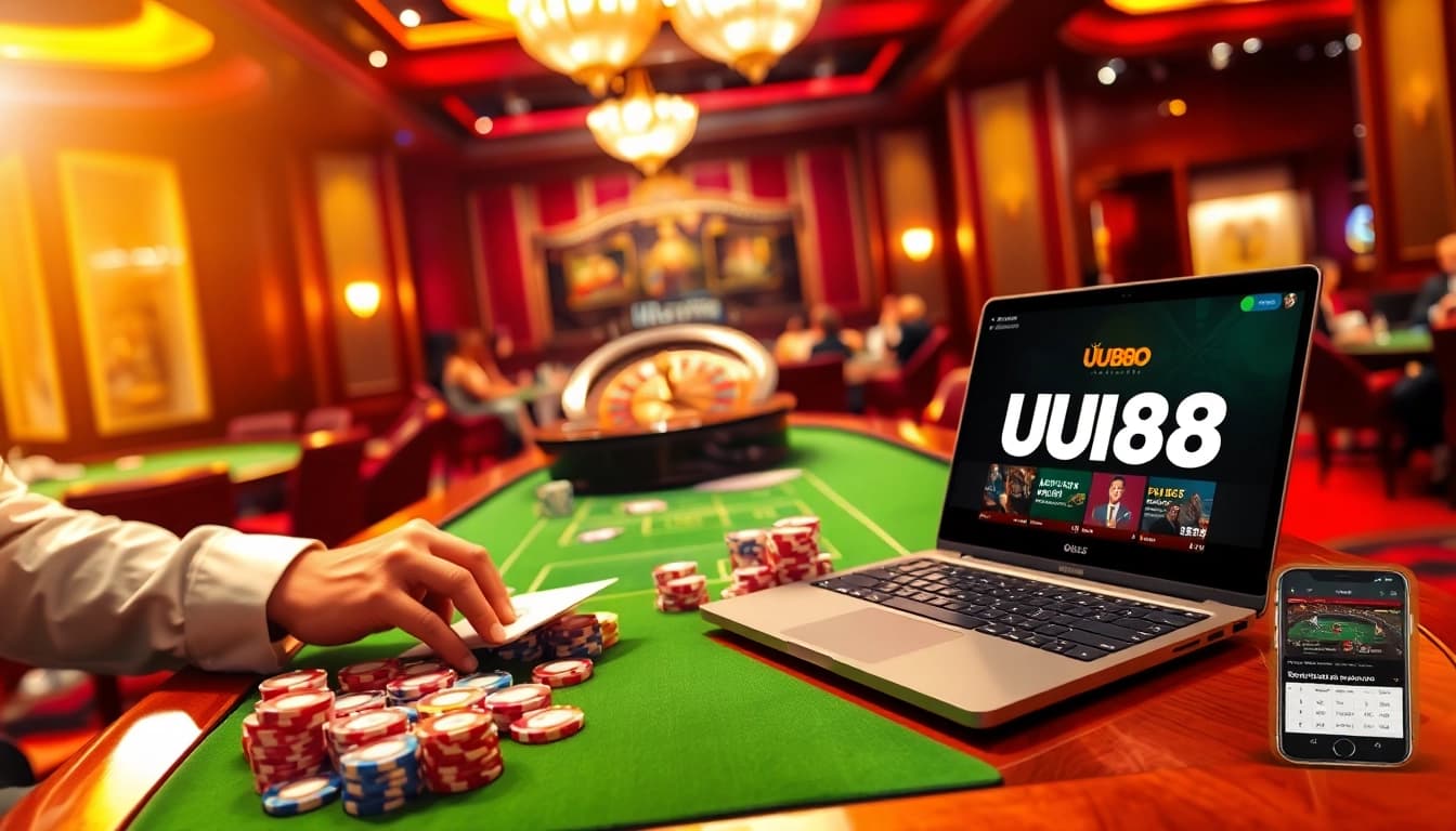 Exciting casino scene with live dealer and online gaming at https://uu88.co.uk/, showcasing poker and roulette.