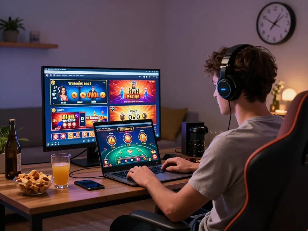 Engaged user enjoying the 79KING online gaming experience at home with vibrant casino graphics.