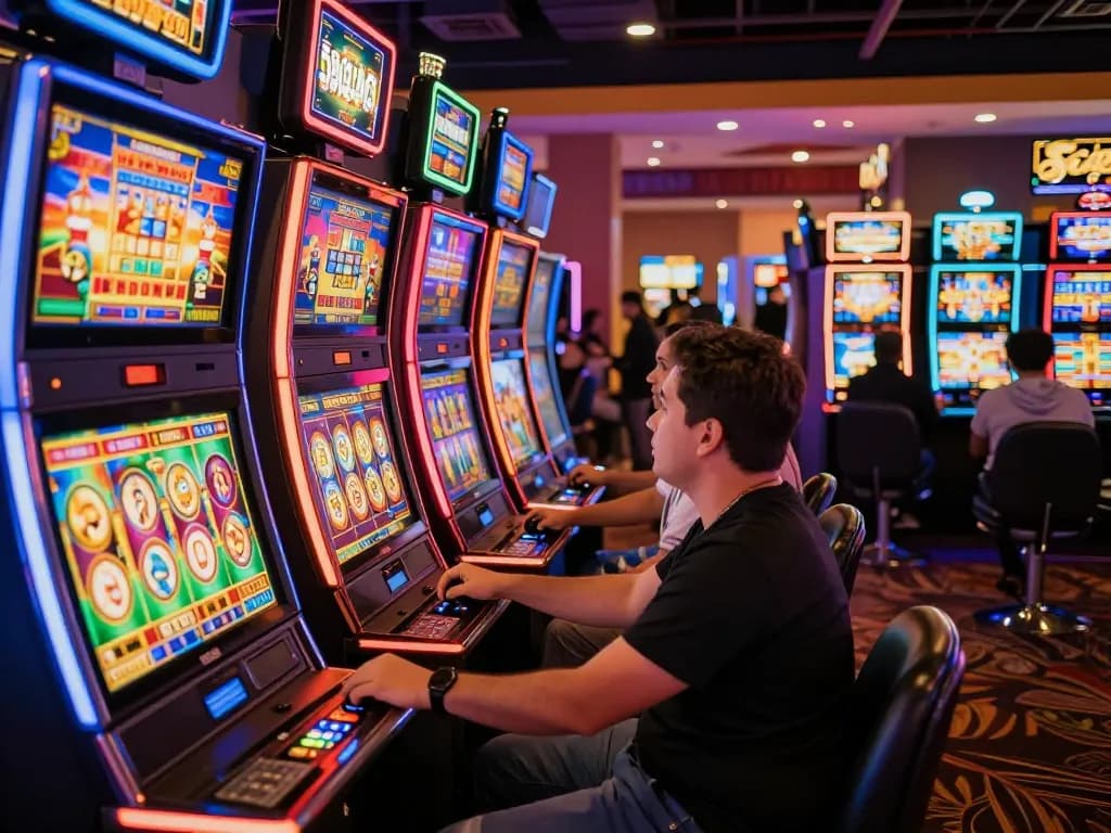 Players enjoying slots in a lively casino, celebrating wins with vibrant lights