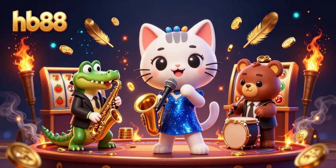 Experience the thrill of hb88 with a lively jazz scene featuring a singing cat, a saxophone crocodile, and a drum bear, amid vibrant casino elements.
