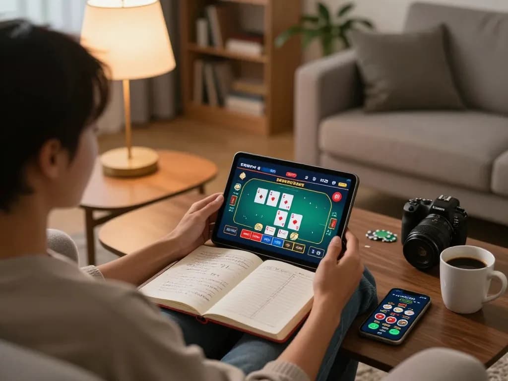 Engaging in online gaming on god55vn platform with poker interface visible on tablet.