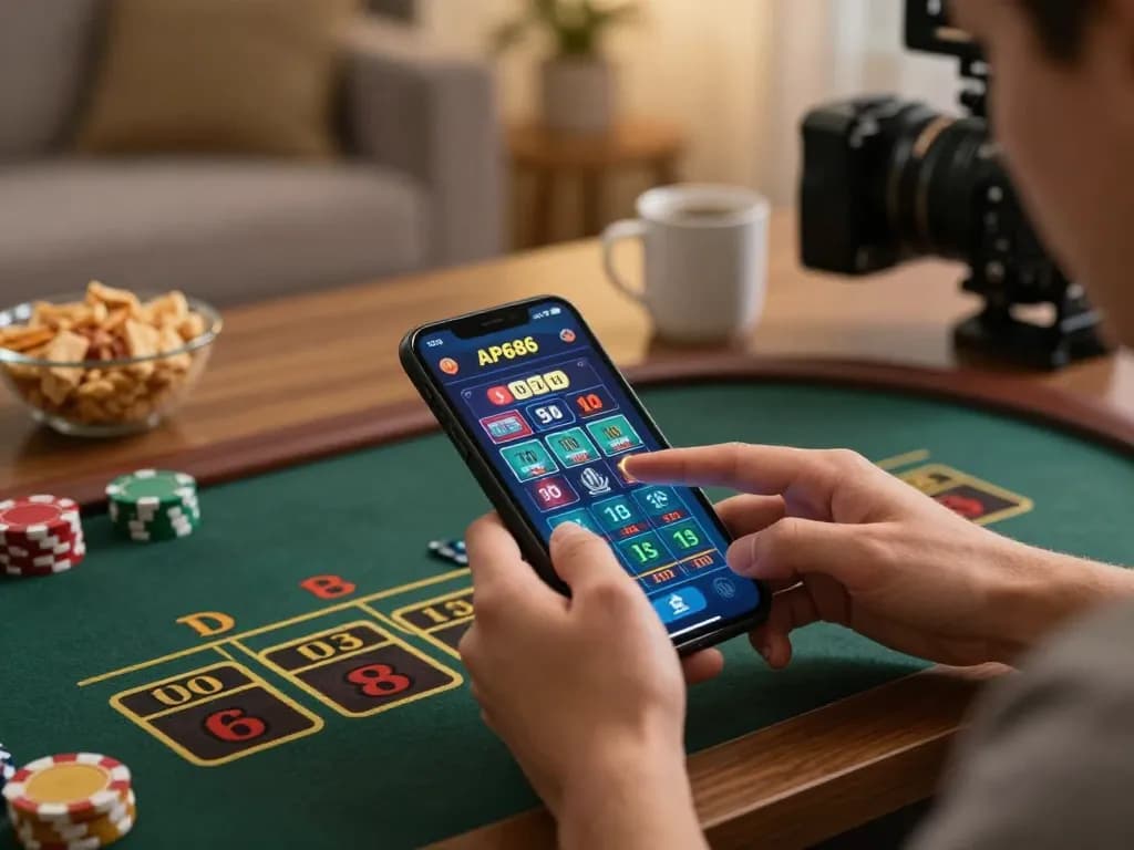 Pemain yang berinteraksi dengan aplikasi kasino AP686 di mobile, mengetuk untuk memasang taruhan selama permainan dealer langsung.
