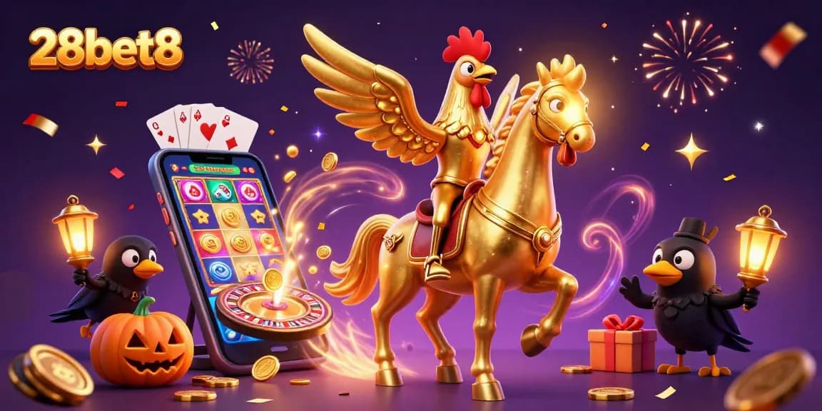 Experience the thrills of 28bet8 casino gaming with a golden rooster, slot games, and festive elements.
