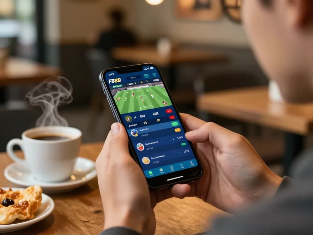 Engaging mobile gambling moment with a person placing bets on the FB88 app in a cozy cafe.