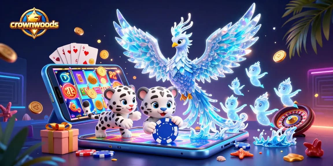 Crownwoods players explore vibrant casino action with a dazzling ice phoenix and animated gaming elements.