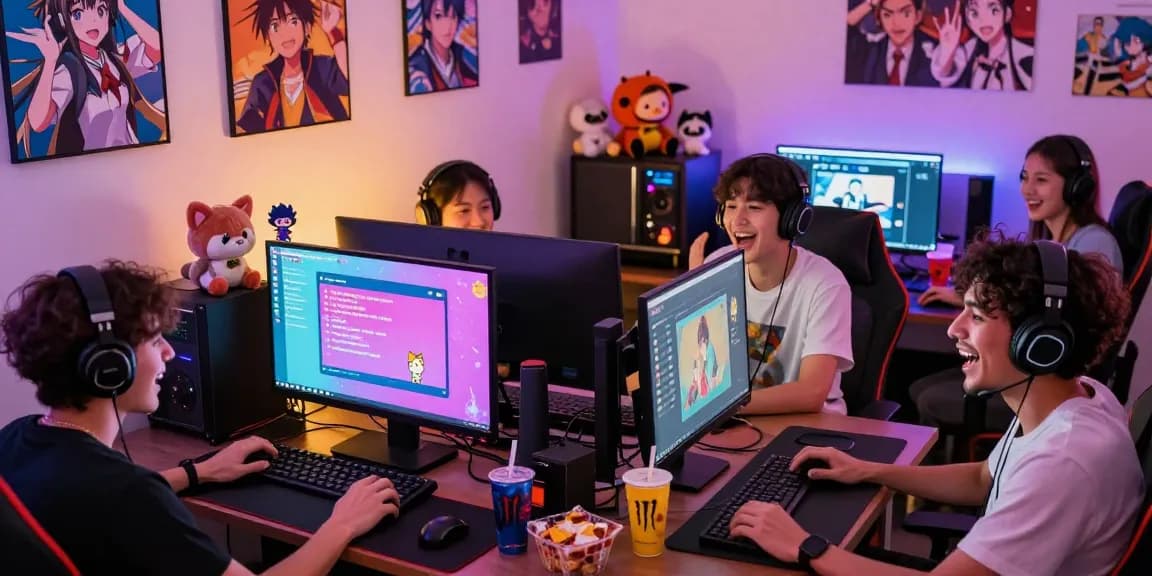 Friends enjoying the ecchi bot features in a lively Discord gaming setup, showcasing colorful anime-themed decor and interactive screens.