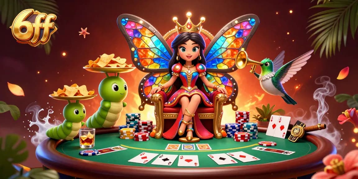 Engage in thrilling poker action at 6ff with butterfly queen amidst vibrant, dynamic casino elements.