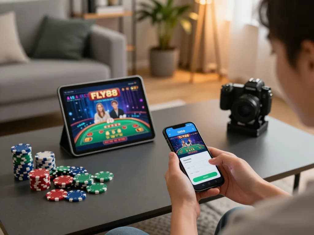Player using fly88 app for engaging online poker game, cozy home setting with snacks and warm lighting.
