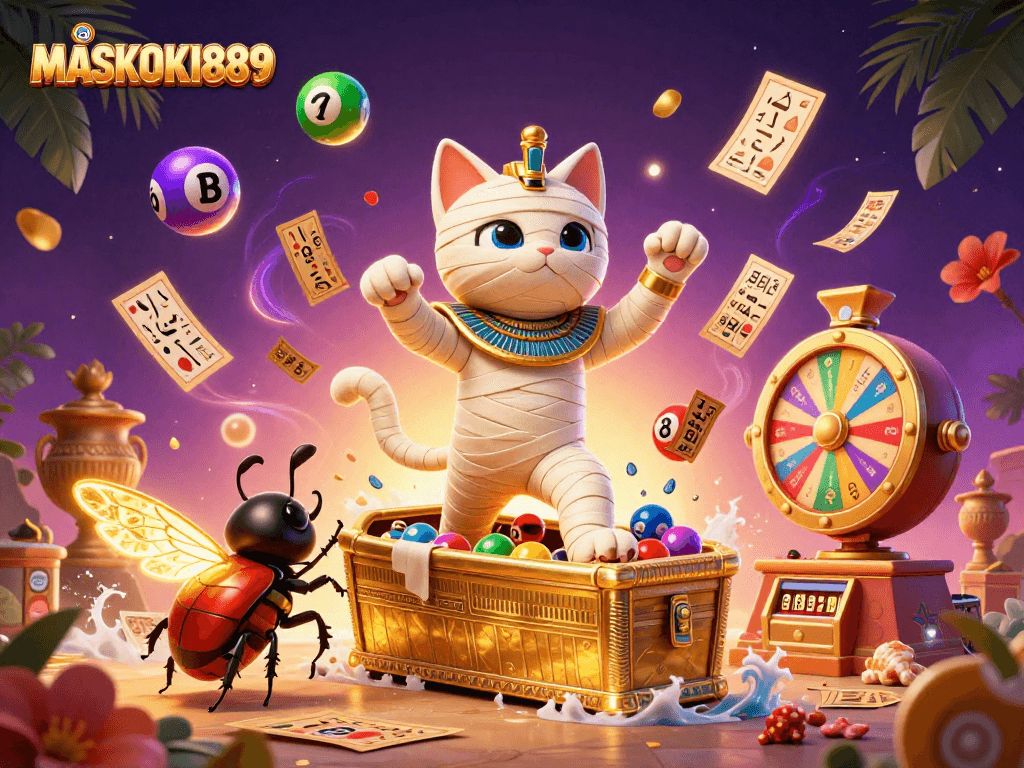 Engage in the excitement of MASKOKI889's vibrant casino scene featuring dynamic lottery elements and a mystical Egyptian theme.