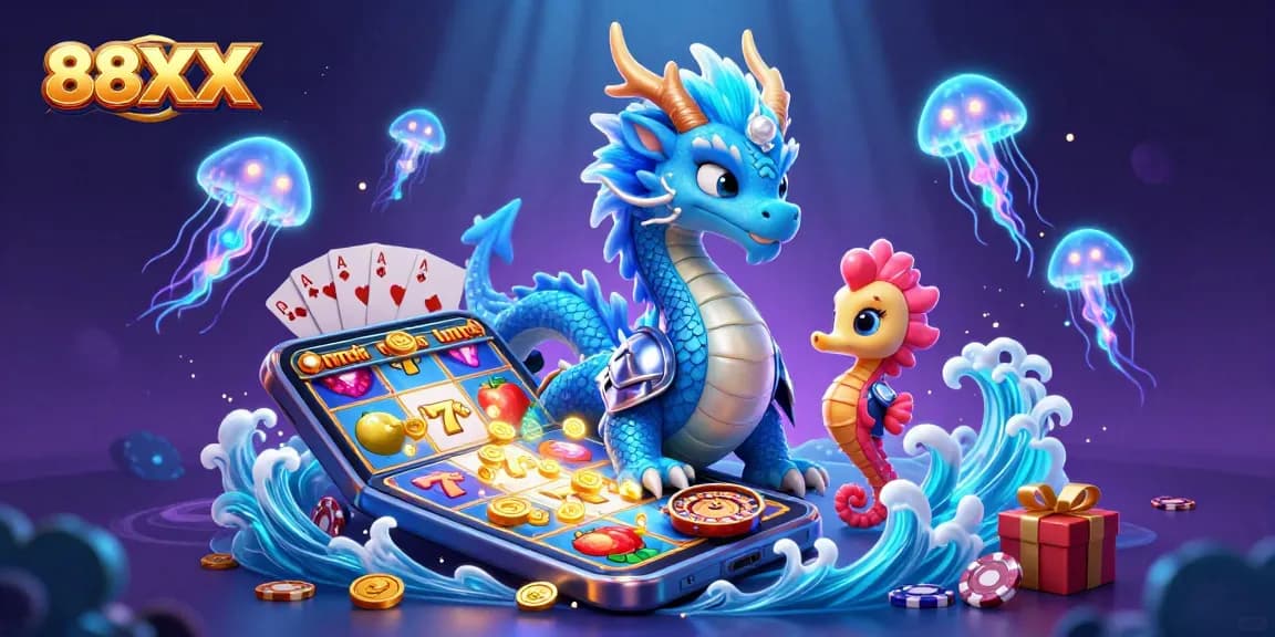 88XX game enthusiasts engage with a dazzling underwater scene featuring vibrant slot games and a magical dragon.