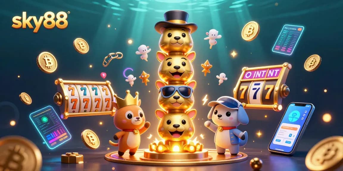 Experience thrilling games at sky88, showcasing vibrant slot reels alongside cryptocurrency elements.