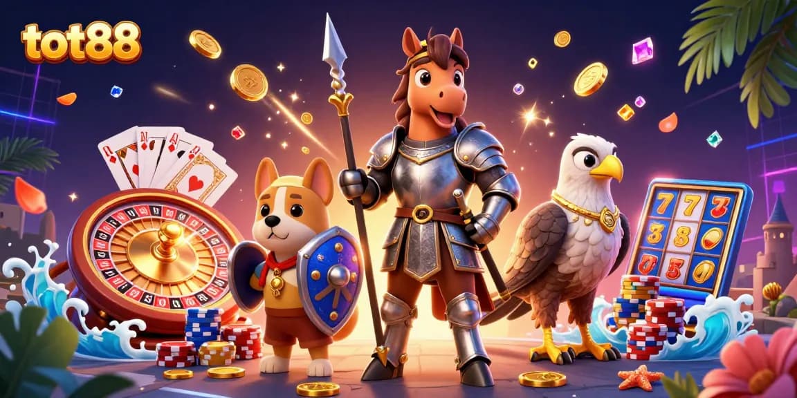 Win big with tot88 at this vibrant gaming scene featuring a knight, puppy, and falcon amidst casino elements.