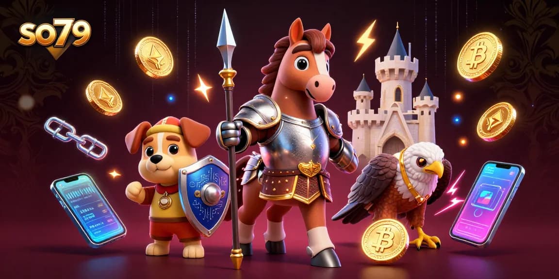 Experience seamless gaming with so79 - a vibrant scene with medieval characters and crypto elements.