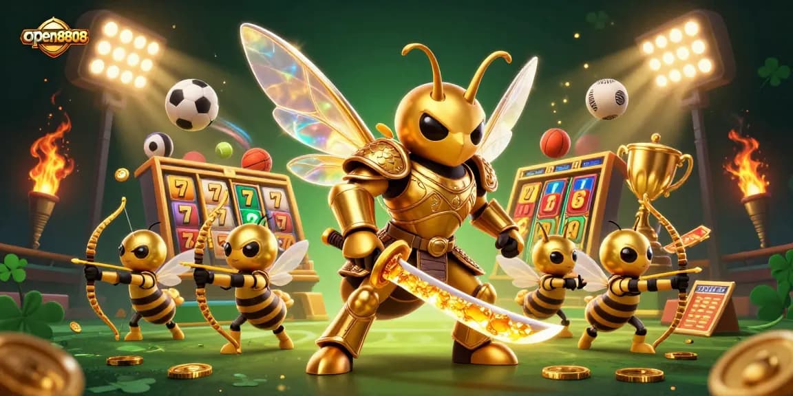 open8808 showcases an epic battle scene in a vibrant casino environment with a golden hornet warrior.