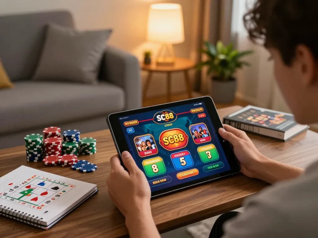 Engaging gameplay of SC88 casino app on tablet with vibrant graphics and cozy home setting.