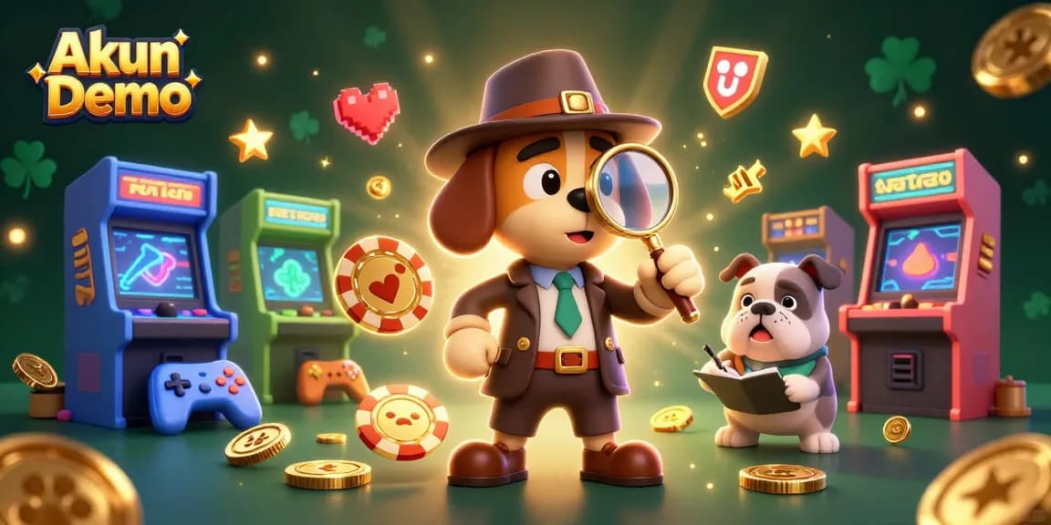 Akun Demo showcases a 3D cartoon detective and bulldog in a vibrant gambling scene with game elements and a golden poker chip.