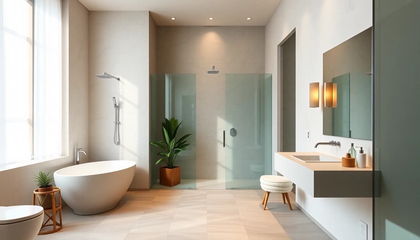 Explore elegant showers in a sleek, modern bathroom with natural lighting and minimalist decor.