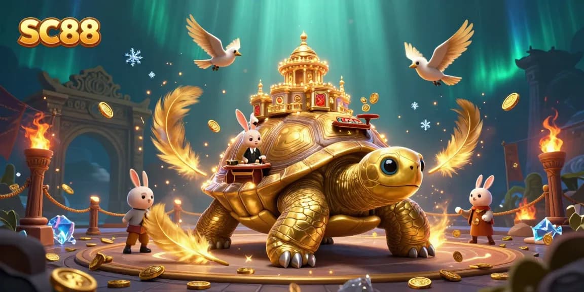 Experience thrilling gameplay at SC88 with a golden tortoise casino, rabbit dealer, and flying coins.