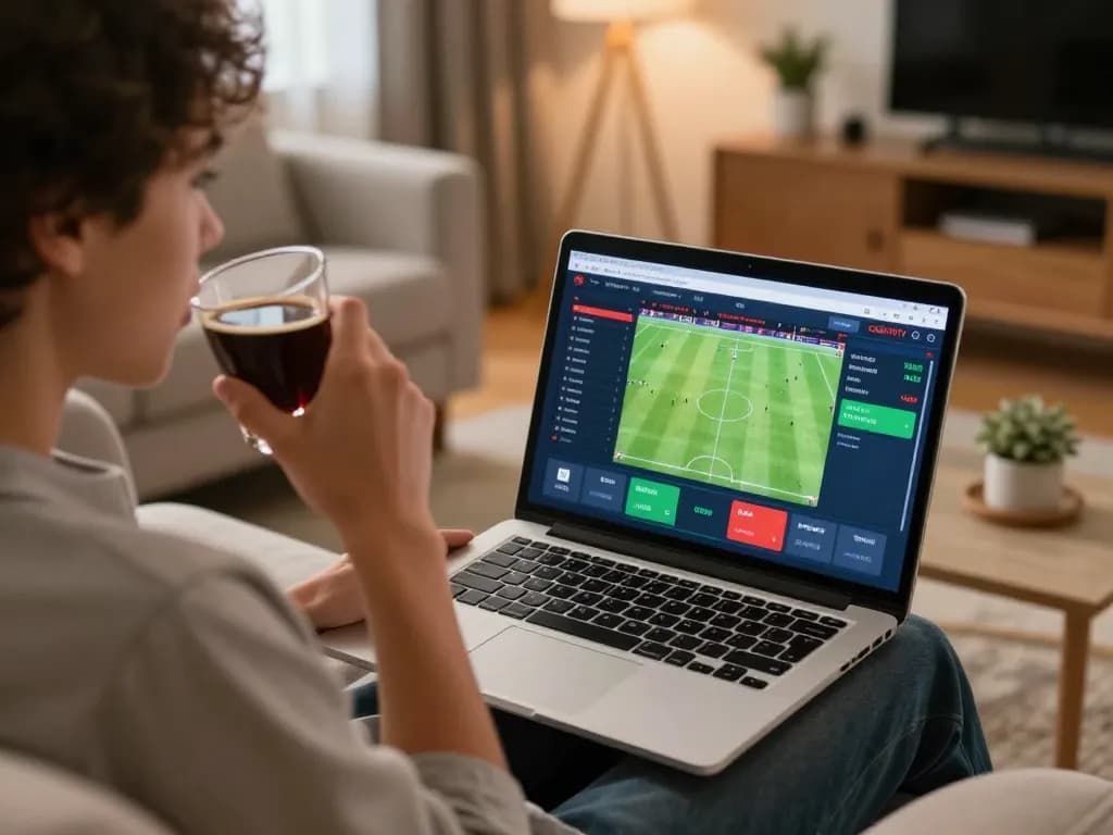 Person enjoying sports betting on CAKHIATV from a cozy living room, immersed in live match analysis.