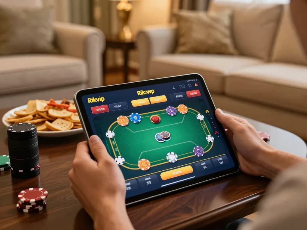 Engaging in strategic gameplay on the rikvip app while enjoying a cozy home setting