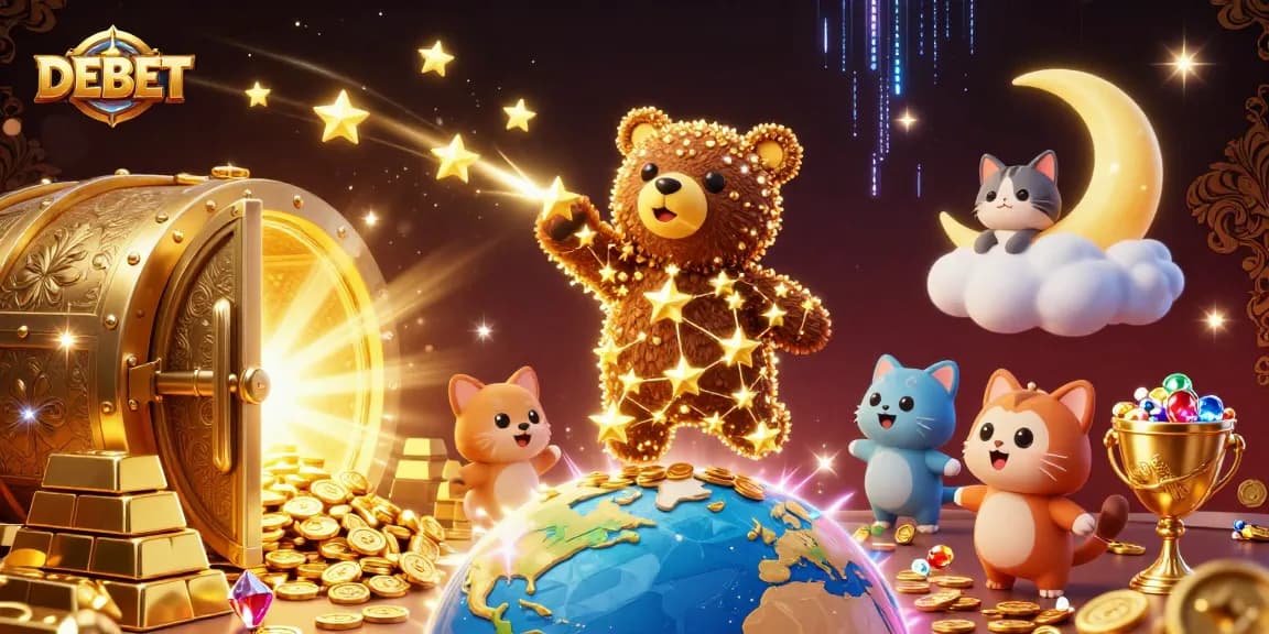 Win big at DEBET as a constellation bear scoops up golden coins amidst a vibrant casino scene.