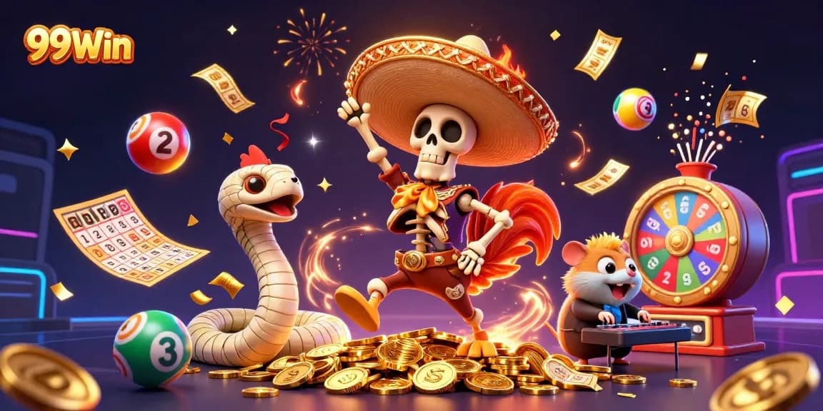 Experience exciting wins at 99Win with vibrant casino characters celebrating over dazzling coins.