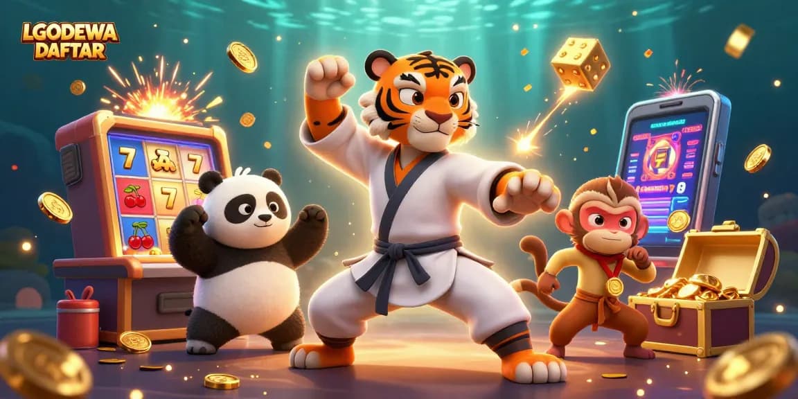 Experience the thrill of LGODEWA DAFTAR with a vibrant 3D casino scene featuring exciting game symbols and colorful characters.