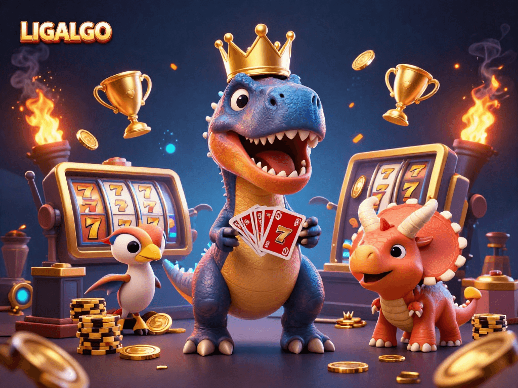 LIGALGO engages players with vibrant slots in a mixed 3D casino illustration featuring a T-Rex, pterodactyl, and triceratops.